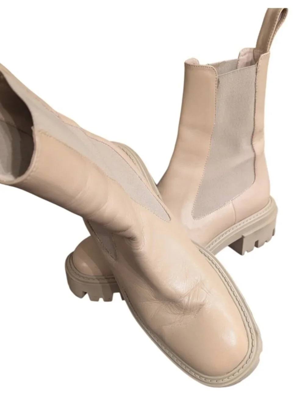 Zara Womens Beige Leather Chunky Lug Sole Chelsea Ankle Boots Sz 37 / 6.5 - Picture 7 of 7